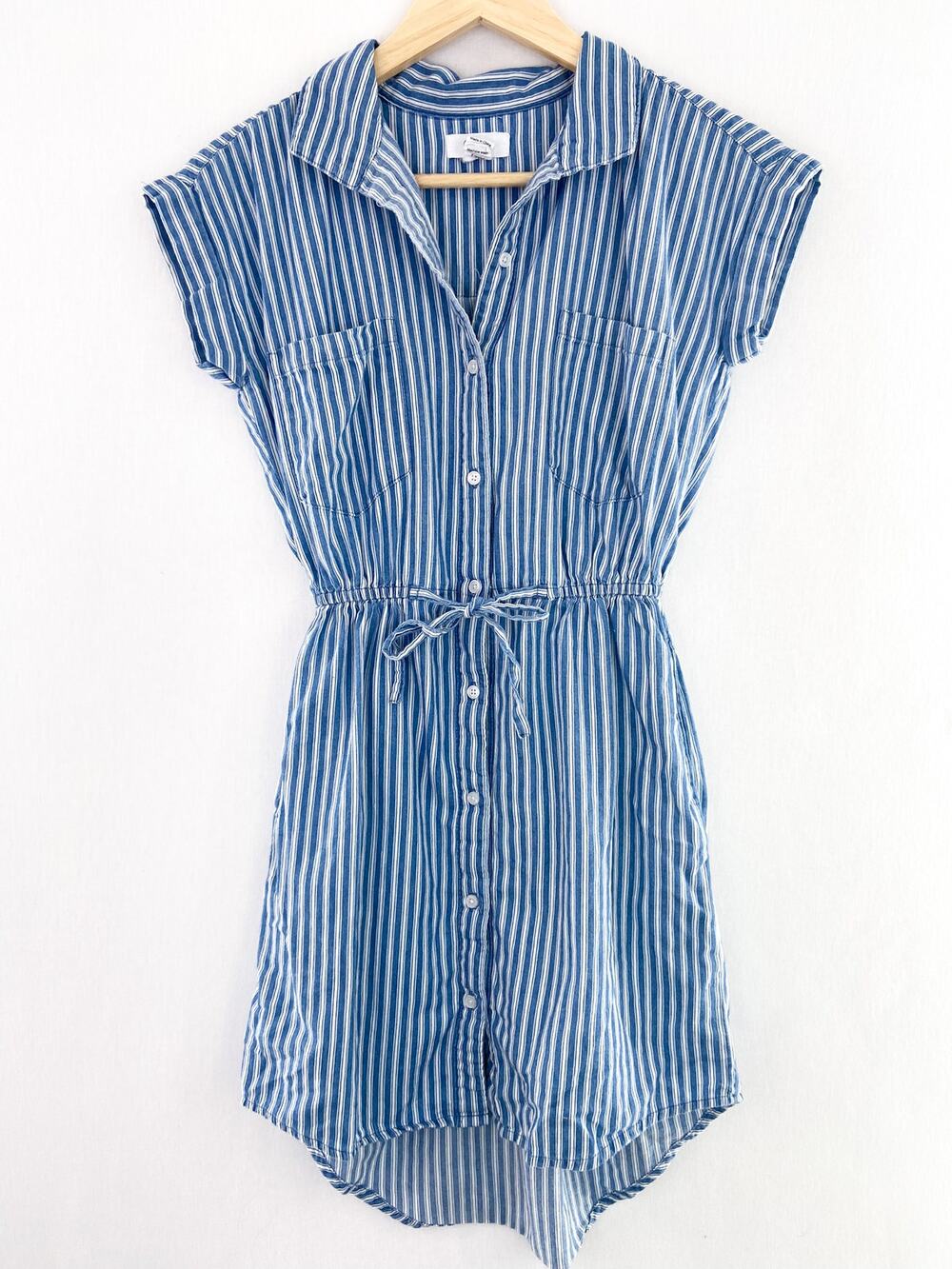 Japna Blue Striped Shirtdress Mini Dress size XS Elastic Waist Nautical Coastal